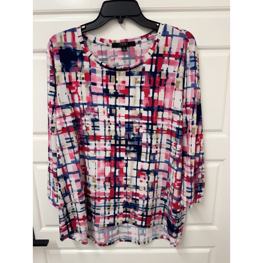Toni Morgan Womens Blouse Top Blue Pink Geometric Poly Spandex Hi Lo Hem XL